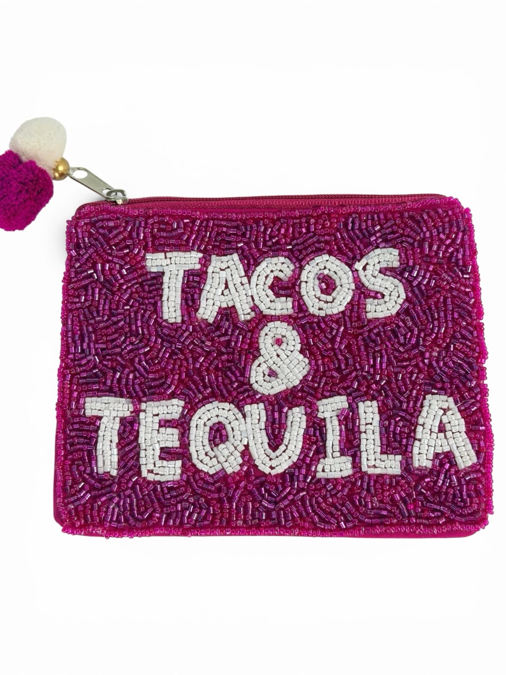 Tacos & Tequila Hot Pink & Fuchsia Hand Beaded Zip Pouch Clutch — NWT